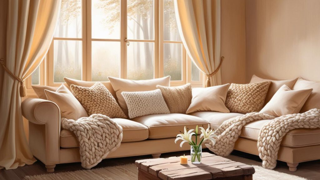 Gemütliches Wohnzimmer, welches zum Entspannen einlädt. Sofa in L-Form, Wand im Rücken, Blick zum Fenster und zur Türe. Fenster spendet Licht, kleiner Tisch mit Blumen und Kerze, Holzboden, Farbton beige.