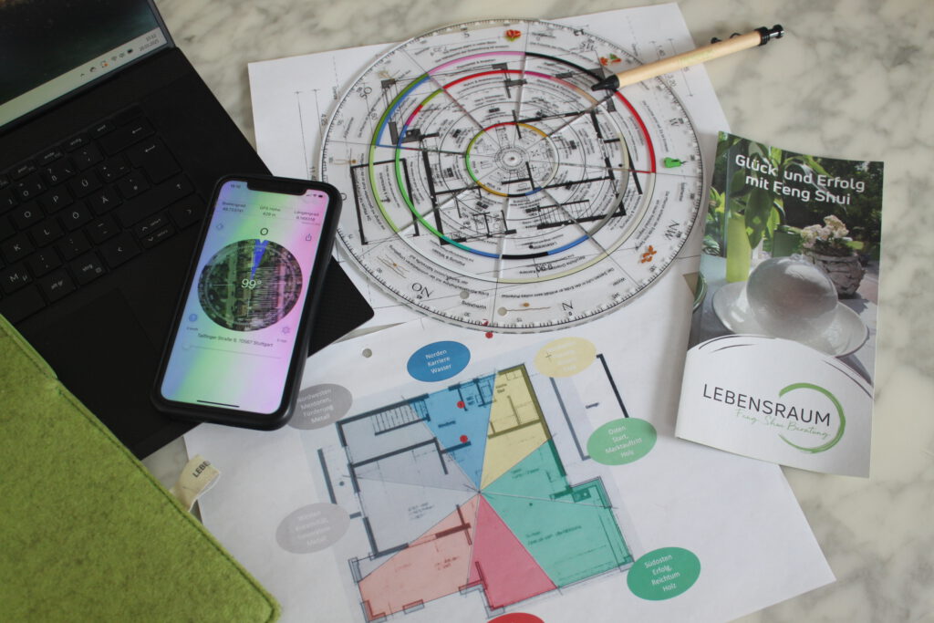 Arbeitsmaterialien einer Feng Shui Beraterin, Circle of Success, Grundriss, Kompass